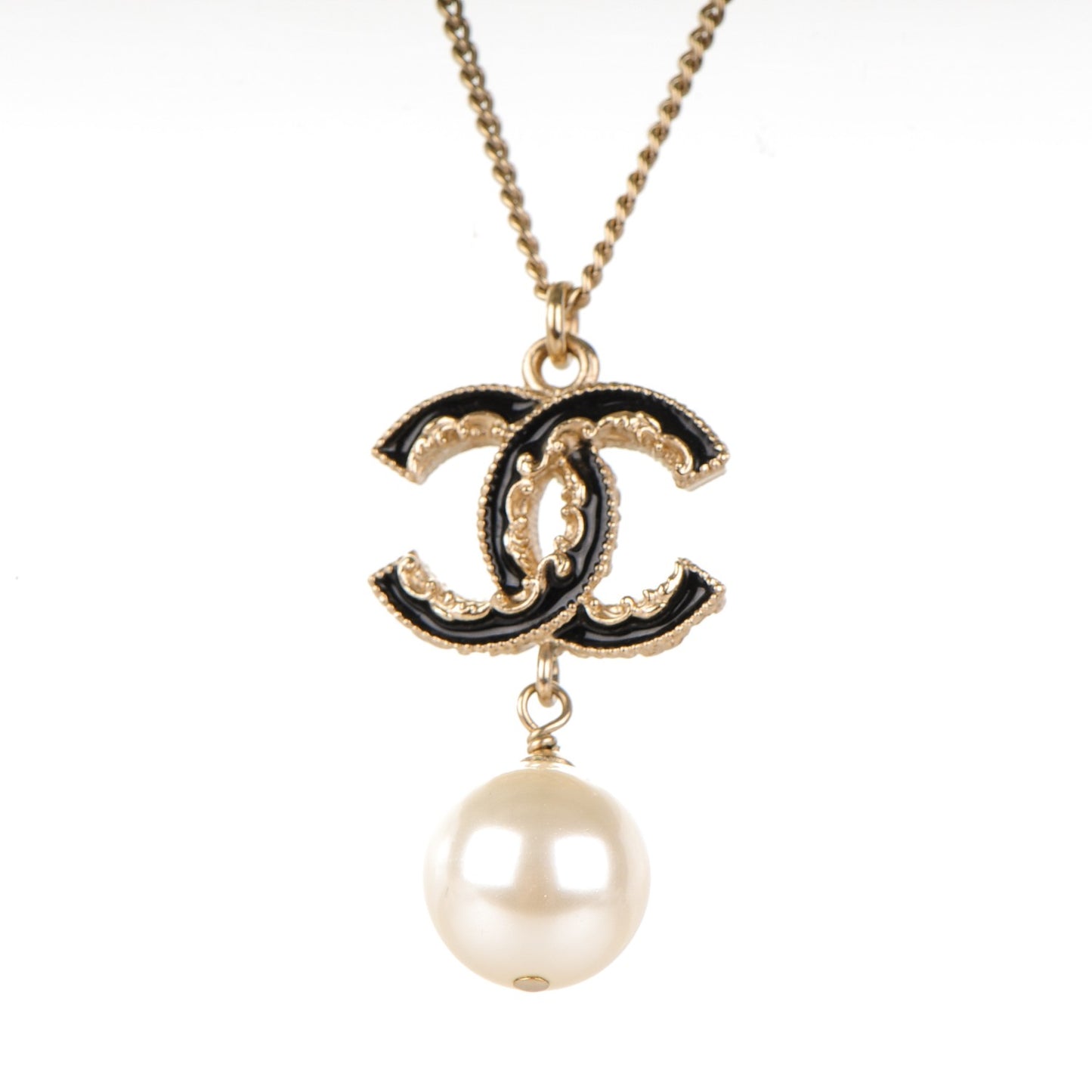Enamel CC Baroque Pearl Drop Necklace Black Gold