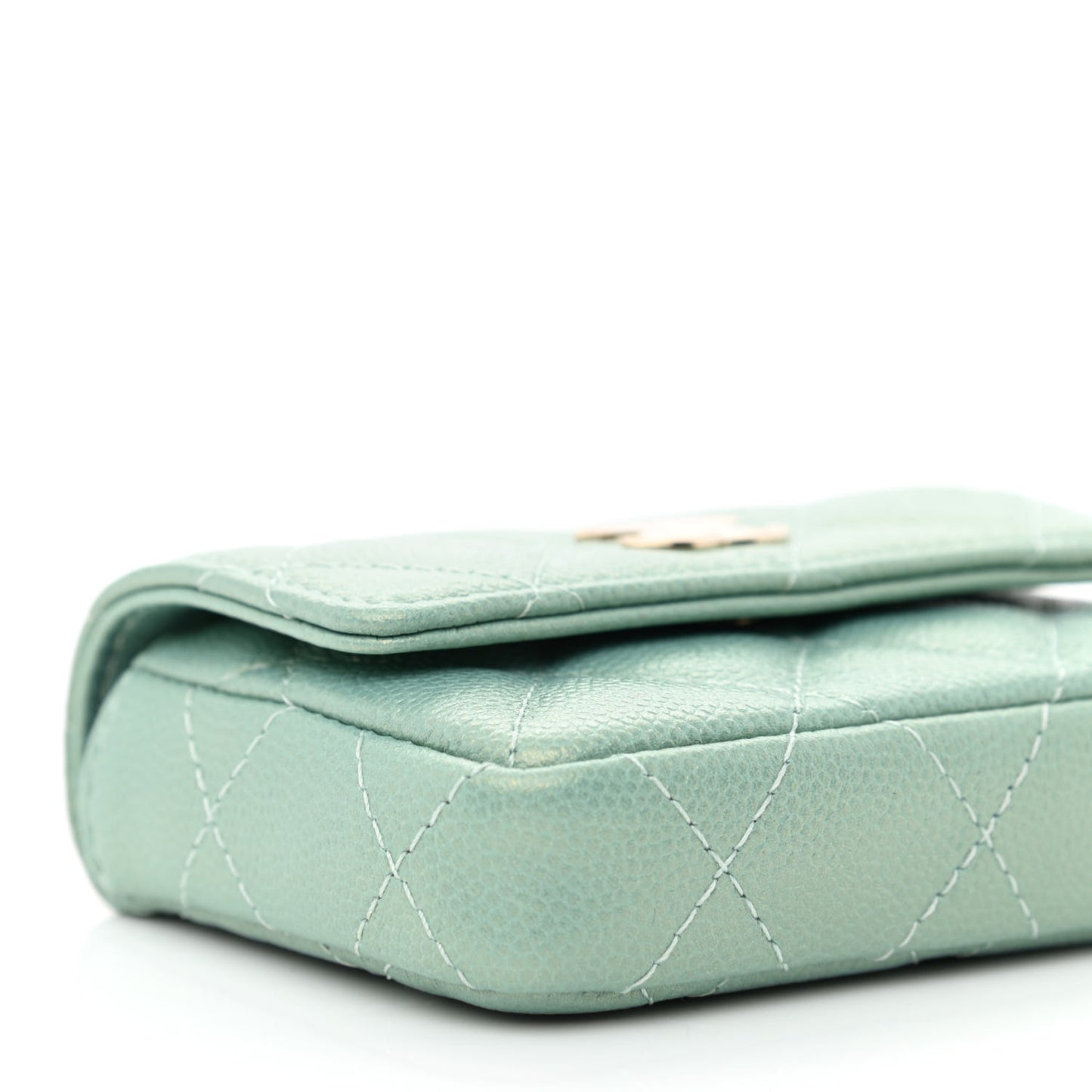 Iridescent Caviar Quilted Pearl Card Holder On Chain Green