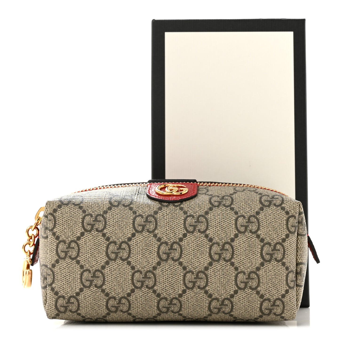 Soft GG Supreme Monogram Calfskin Small Ophidia Cosmetic Case Beige Ebony Hibiscus Red