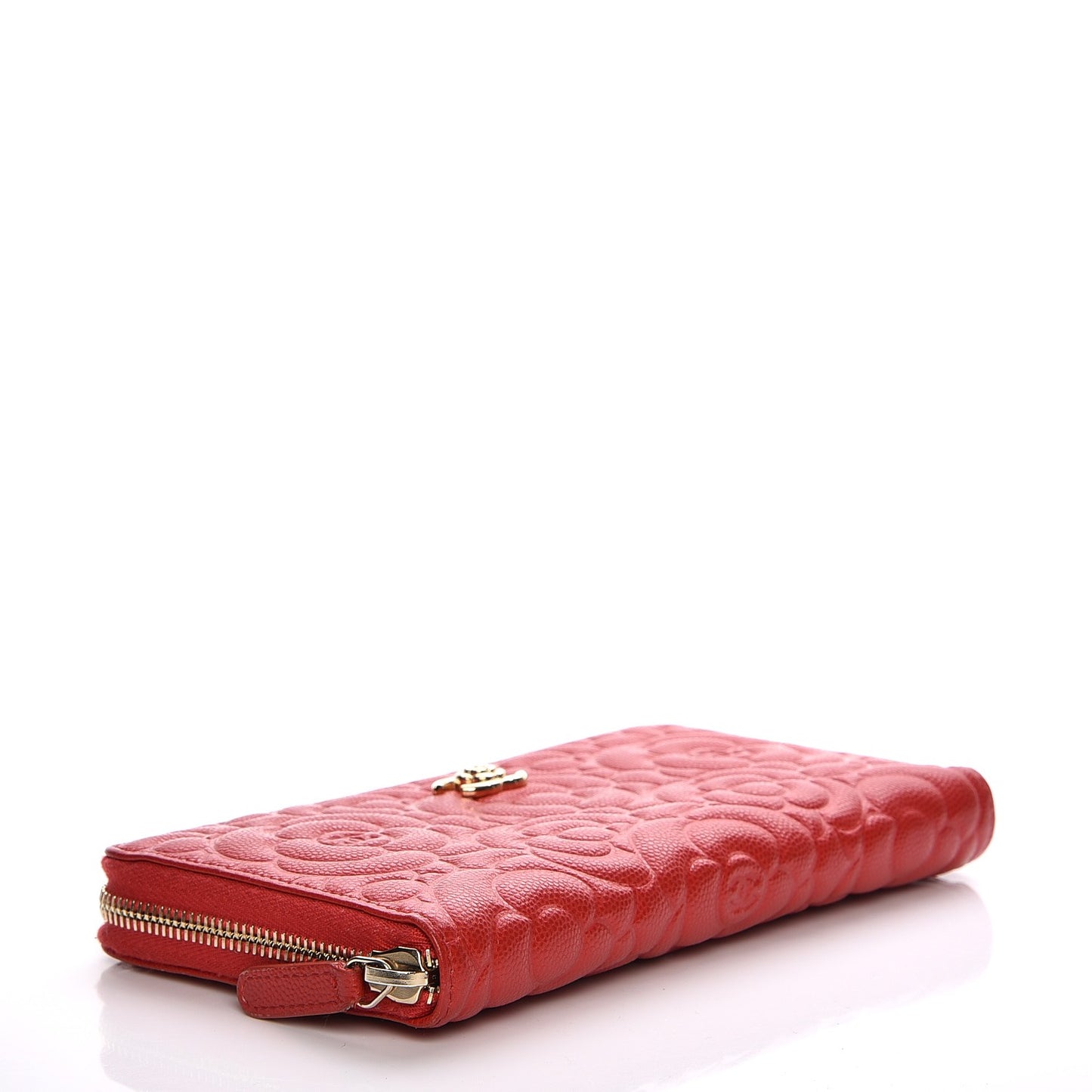 Caviar Camellia Embossed Zip Around Large Gusset Wallet Red
