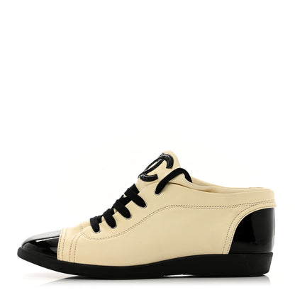 Chanel Lambskin Patent Calfskin CC Sneakers 38.5 White Black 1 of 9