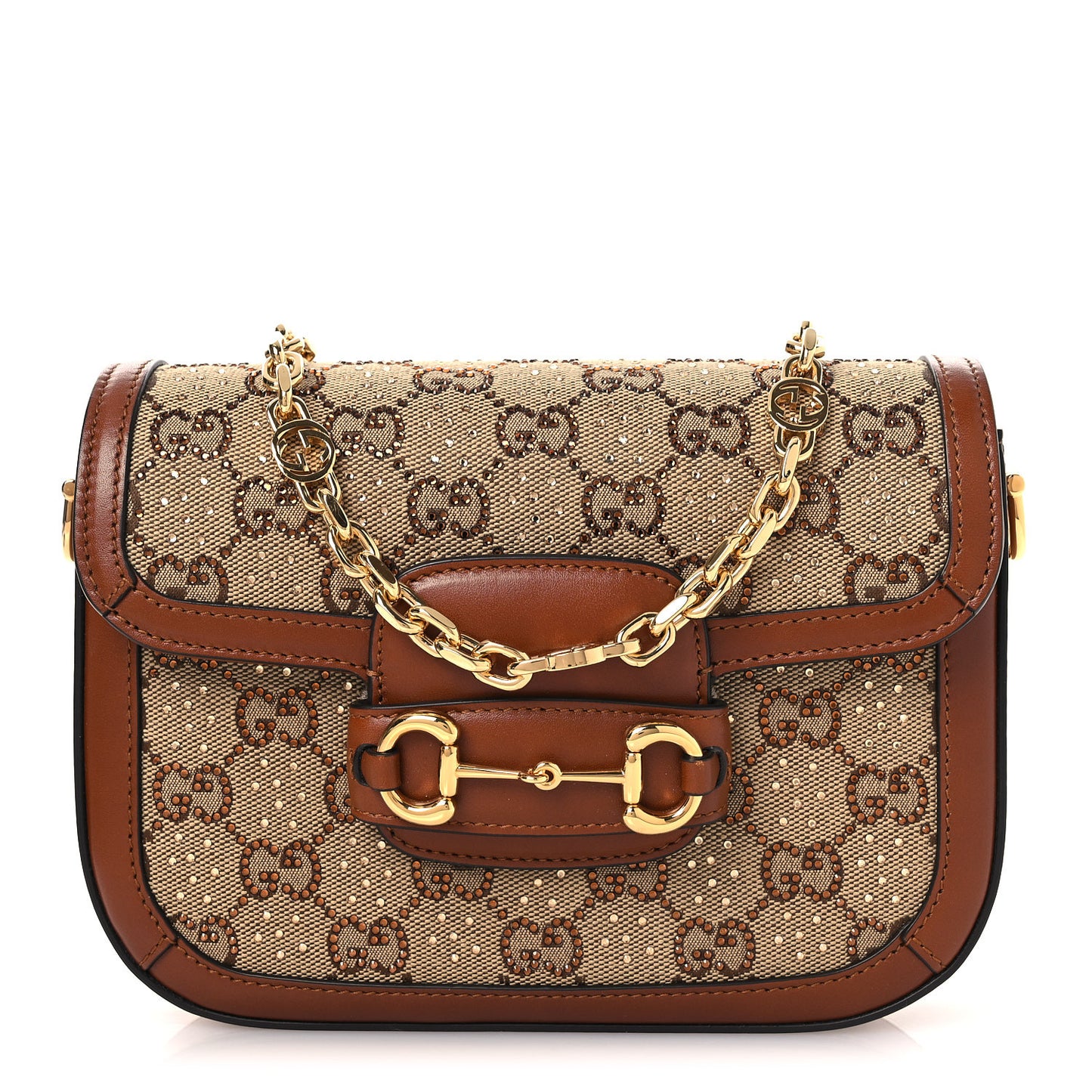 New Canvas Charisma Calfskin Crystal GG Monogram Mini Horsebit 1955 Shoulder Bag Camel Ebony
