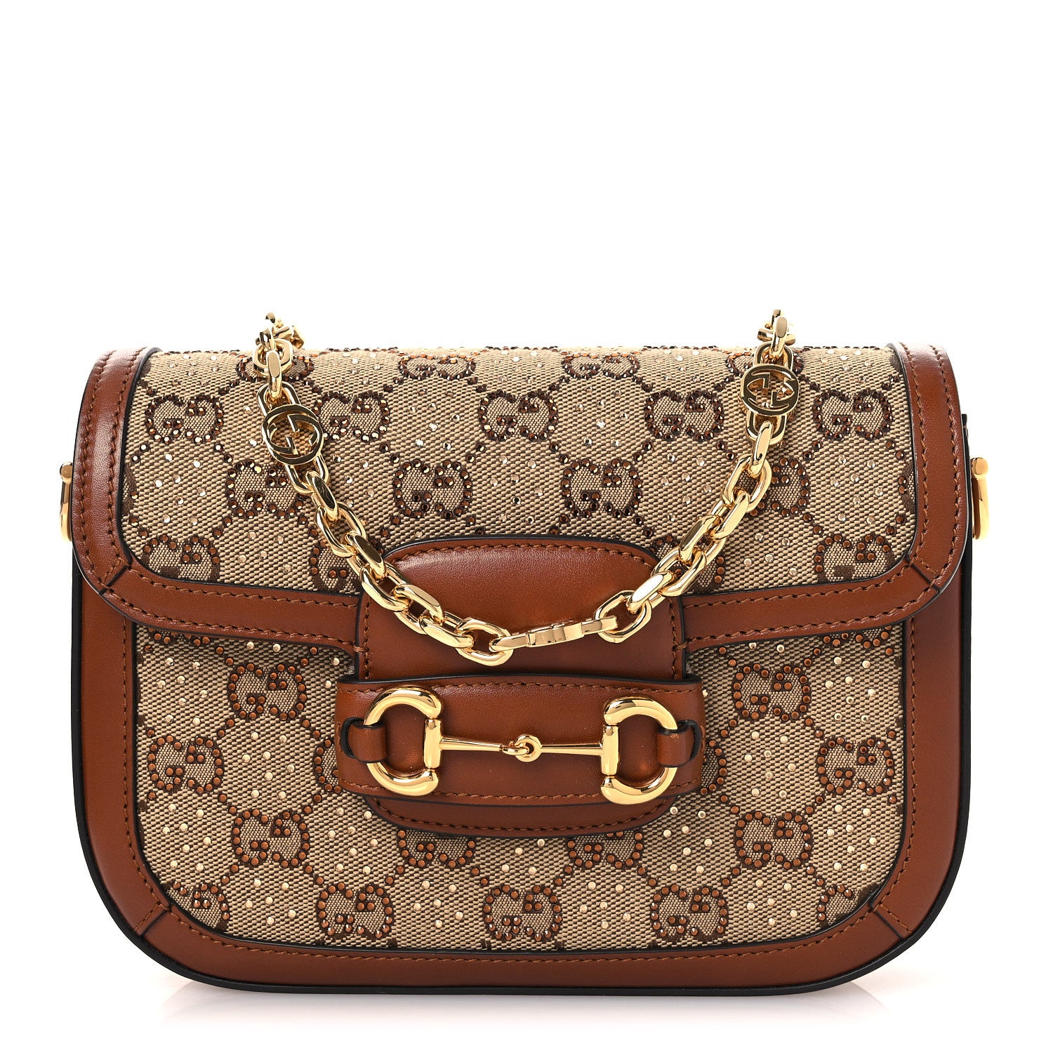 Gucci New Canvas Charisma Calfskin Crystal GG Monogram Mini Horsebit 1955 Shoulder Bag Camel Ebony 1 of 12