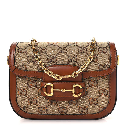 Gucci New Canvas Charisma Calfskin Crystal GG Monogram Mini Horsebit 1955 Shoulder Bag Camel Ebony 1 of 12