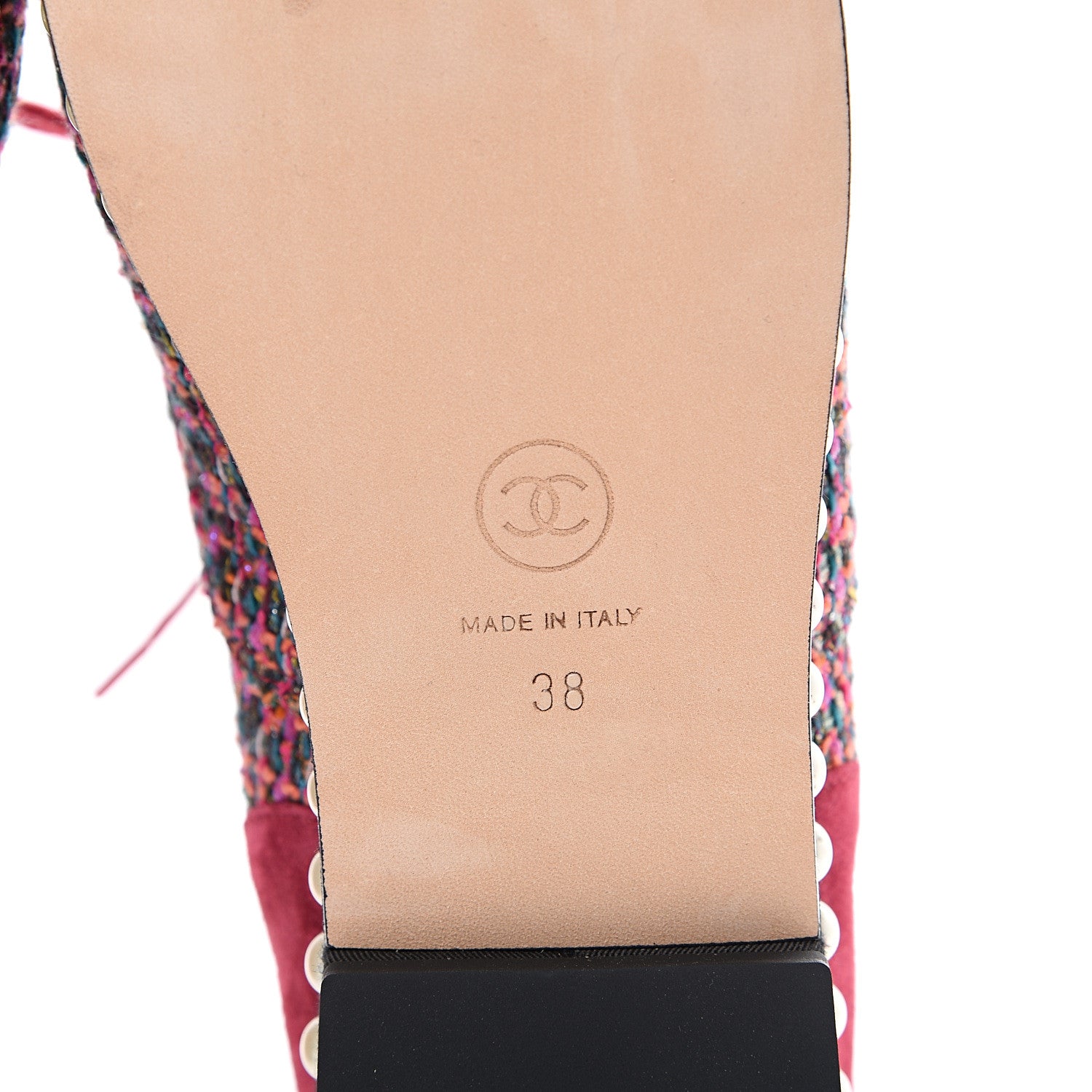 Chanel Tweed Calfskin Pearl Lace Up Sneakers 38 Fuchsia Orange Green Red 6 of 9