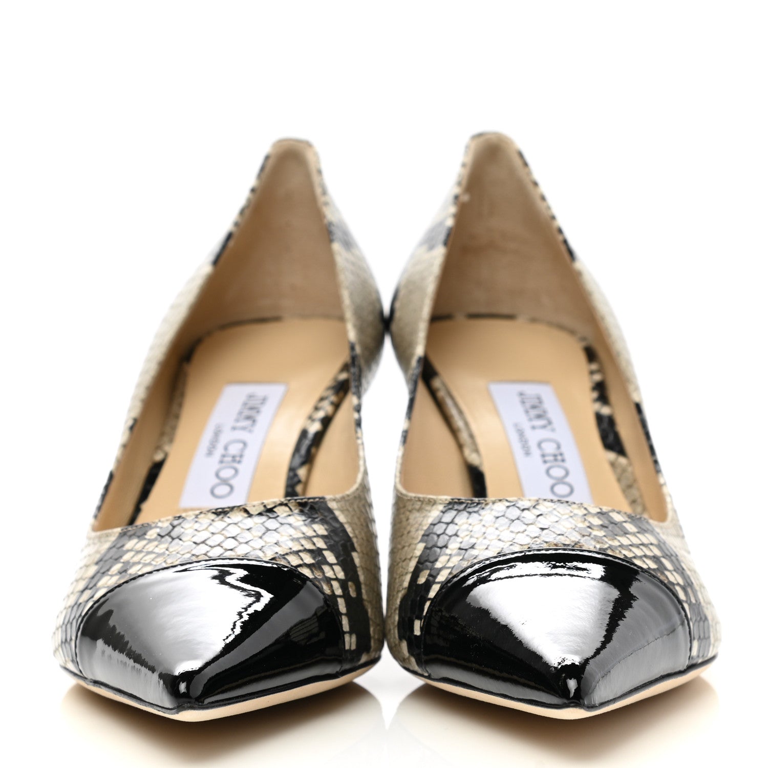 Jimmy Choo Calfskin Snake Print Pointy Toe Rene 75 Pumps 37.5 Black Natural 2 of 8