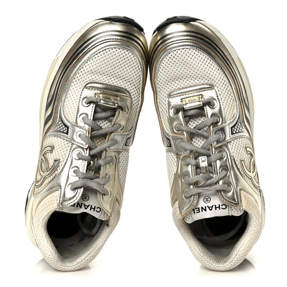 Chanel Fabric Laminated Calfskin Stretch CC Sneakers 39.5 White Gold Silver 2 of 10