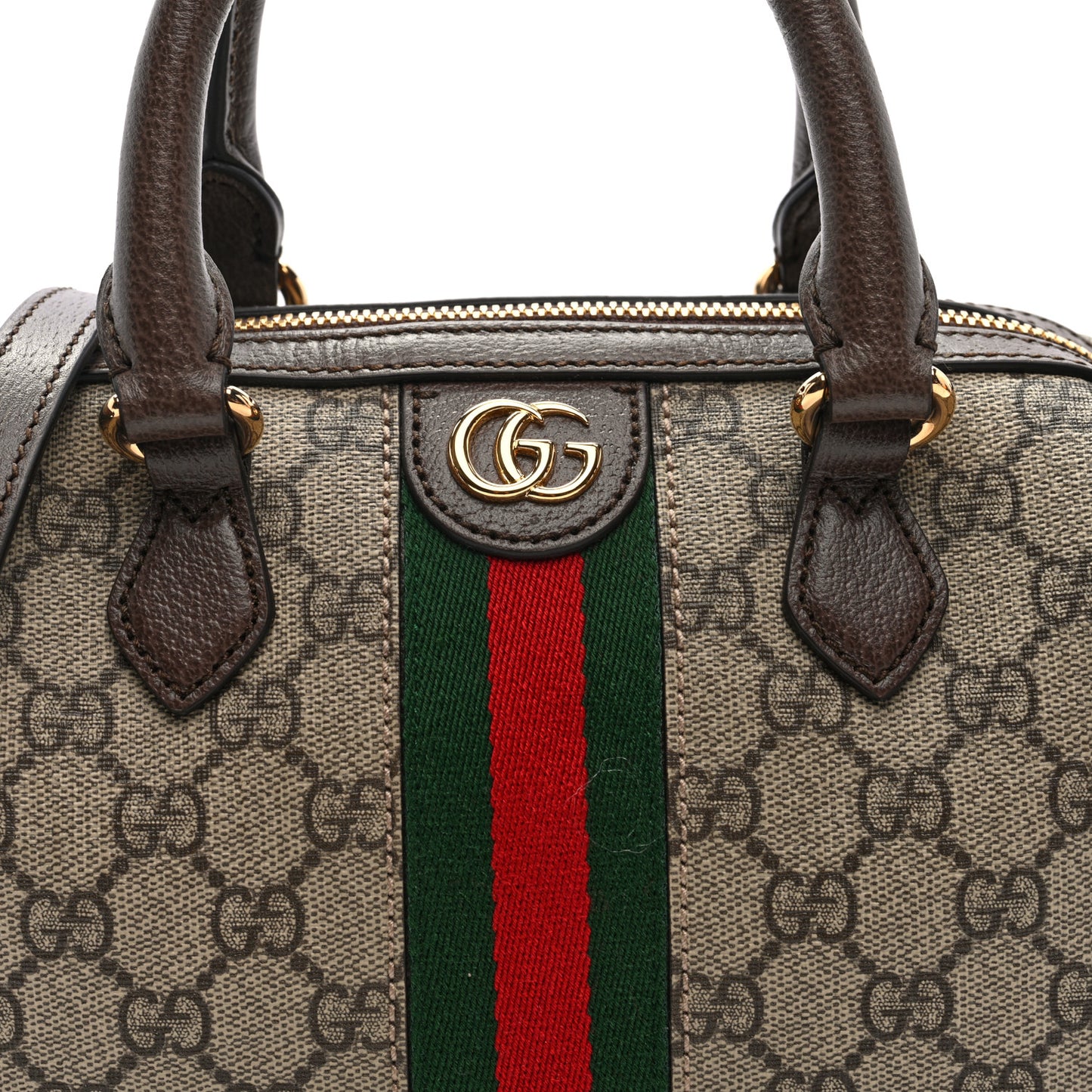 GG Supreme Monogram Textured Dollar Calfskin Web  Ophidia Top Handle Bag Beige Dark Brown