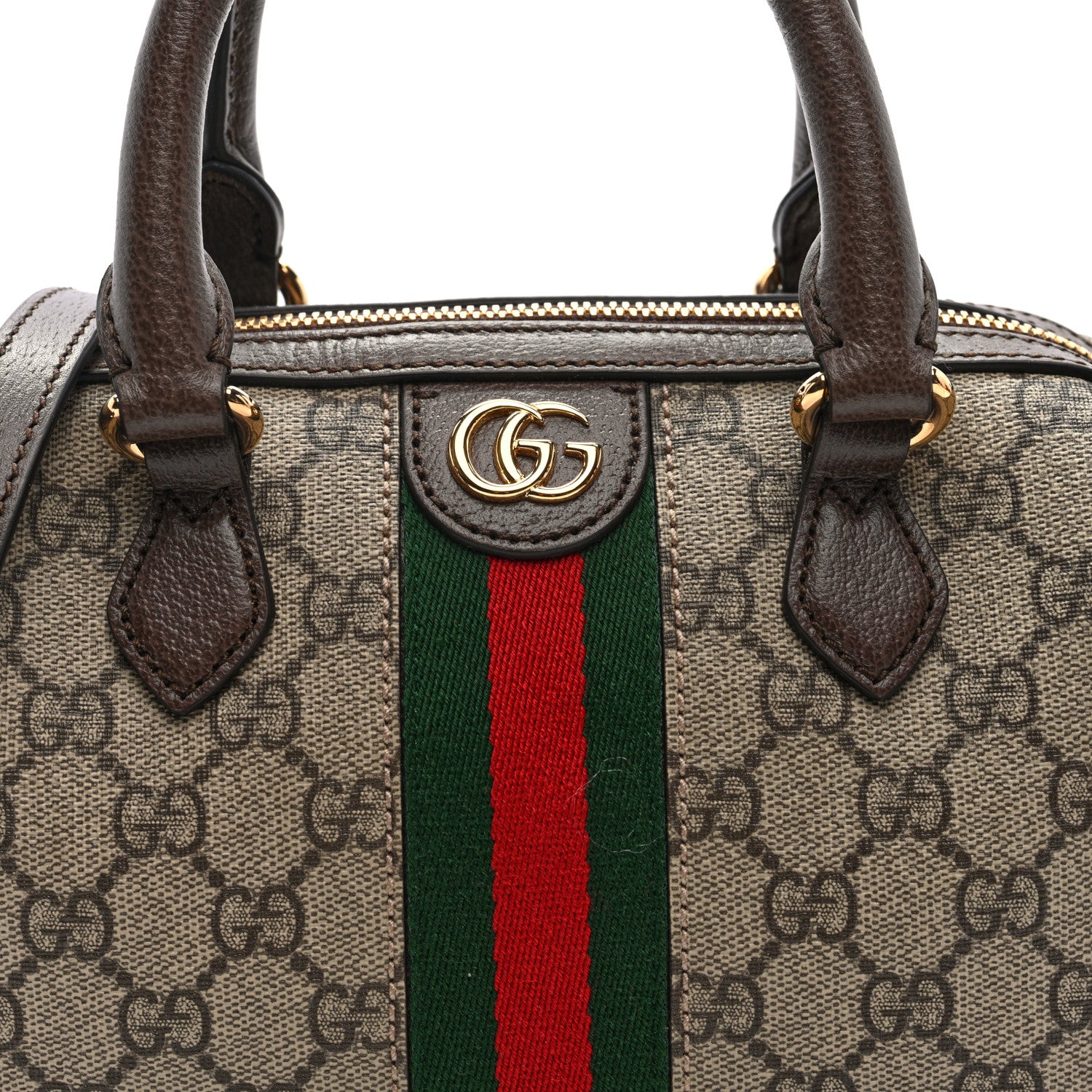 Gucci GG Supreme Monogram Textured Dollar Calfskin Web  Ophidia Top Handle Bag Beige Dark Brown 7 of 9