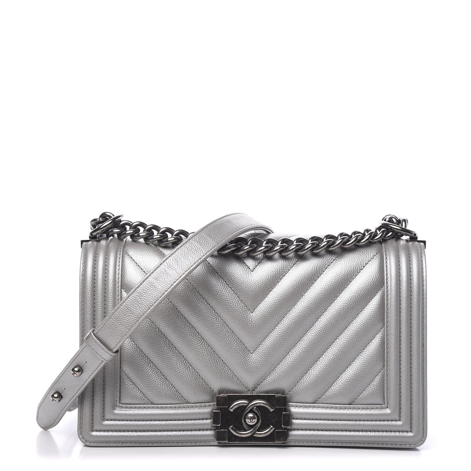 Chanel Metallic Caviar Chevron Quilted Medium Boy Flap Silver 1 of 11