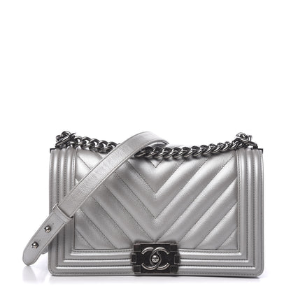 Chanel Metallic Caviar Chevron Quilted Medium Boy Flap Silver 1 of 11