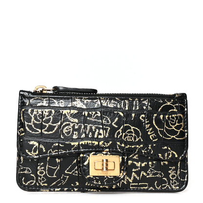 Chanel Calfskin Crocodile Embossed Graffiti Reissue Flap Zip Card Holder Black Gold 1 of 8