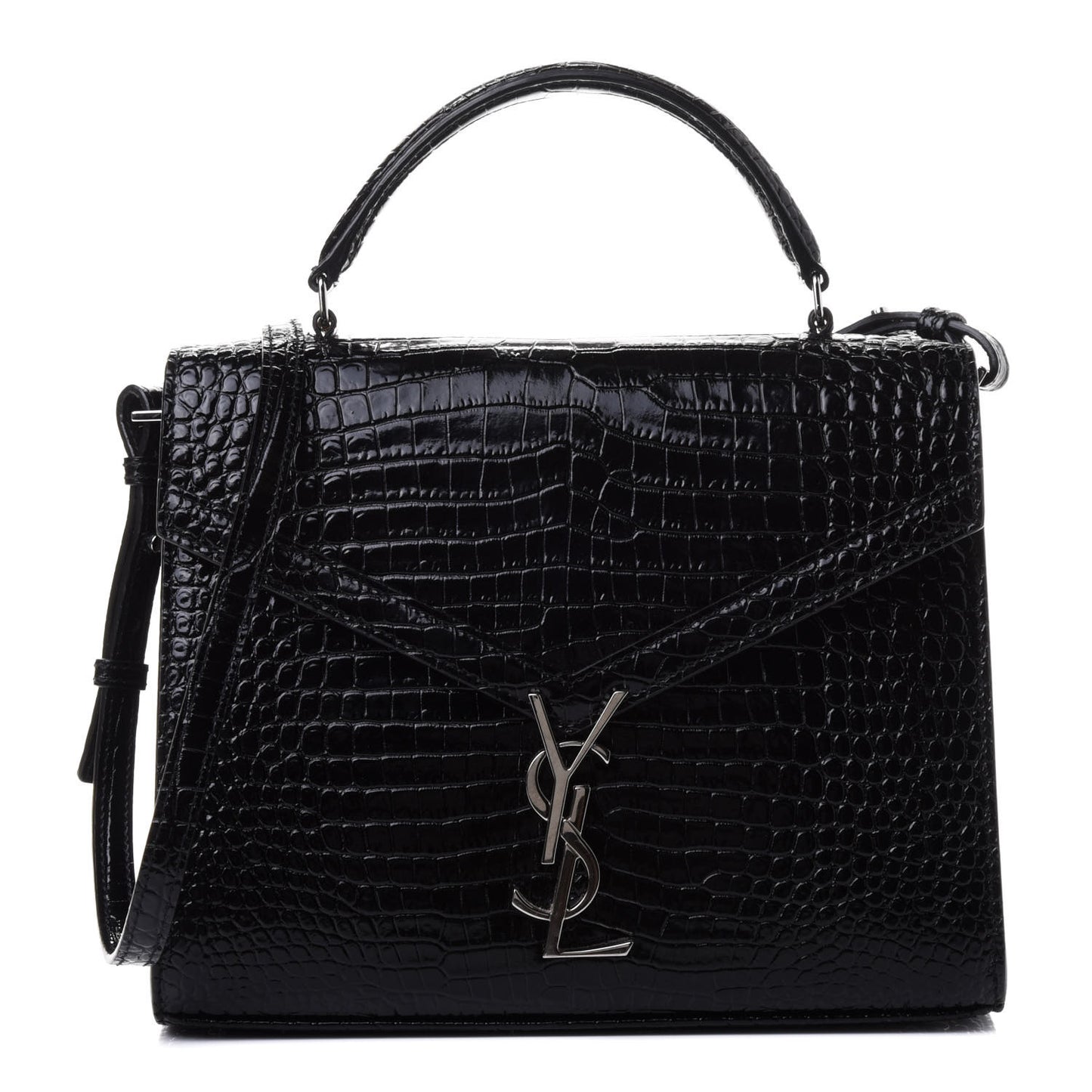 Calfskin Crocodile Embossed Medium Classic Monogram Cassandra Top Handle Black Rouge Legion