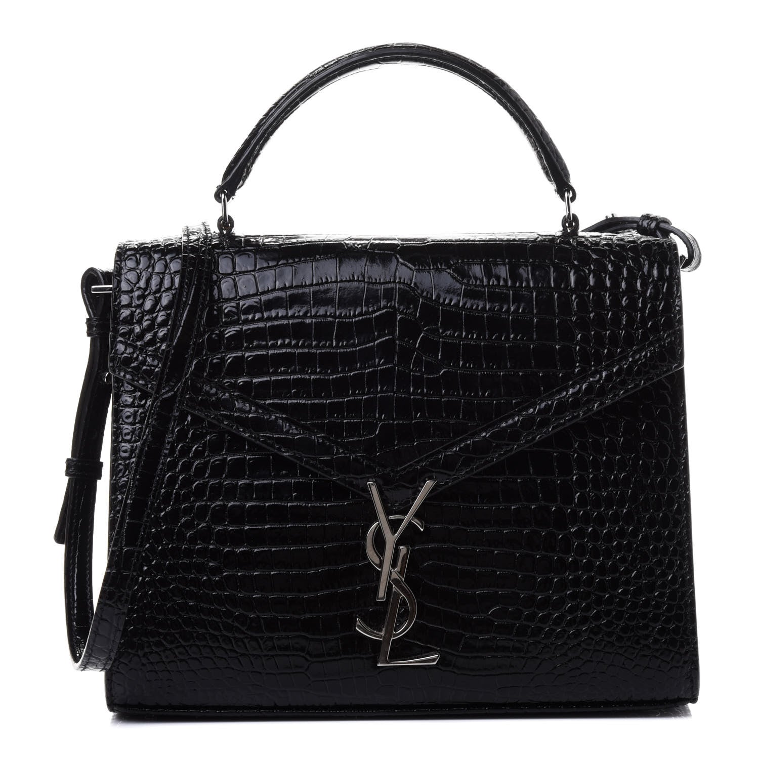 Saint Laurent Calfskin Crocodile Embossed Medium Classic Monogram Cassandra Top Handle Black Rouge Legion 1 of 4