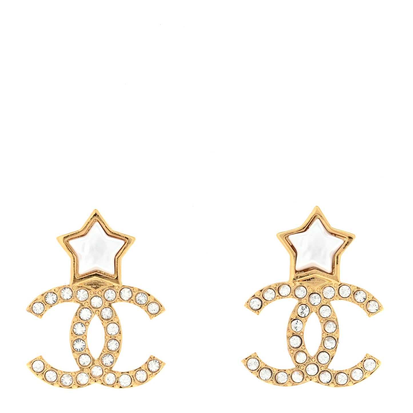 Metal Crystal Pearl CC Star Earrings Gold Pearly White