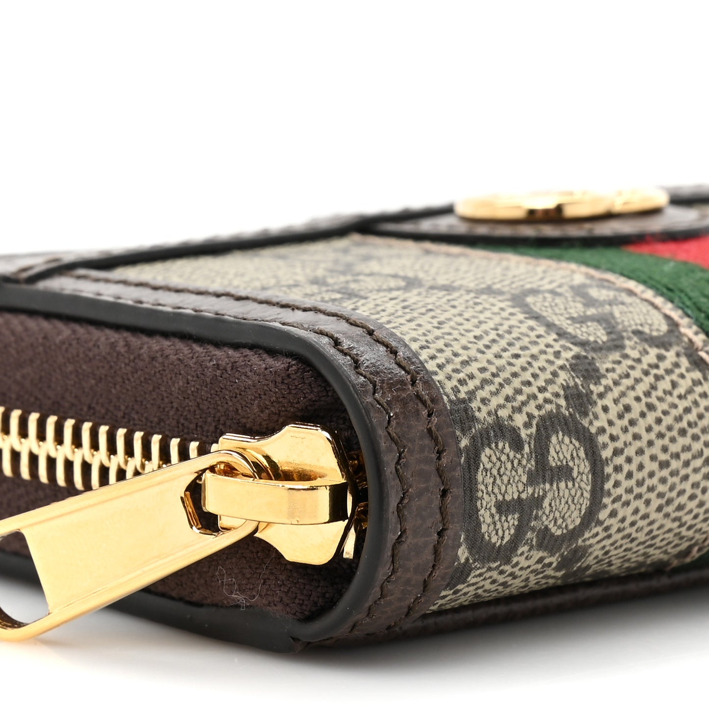 GG Supreme Monogram Textured Dollar Calfskin Web Ophidia Zip Around Card Case Wallet Beige Ebony New Acero