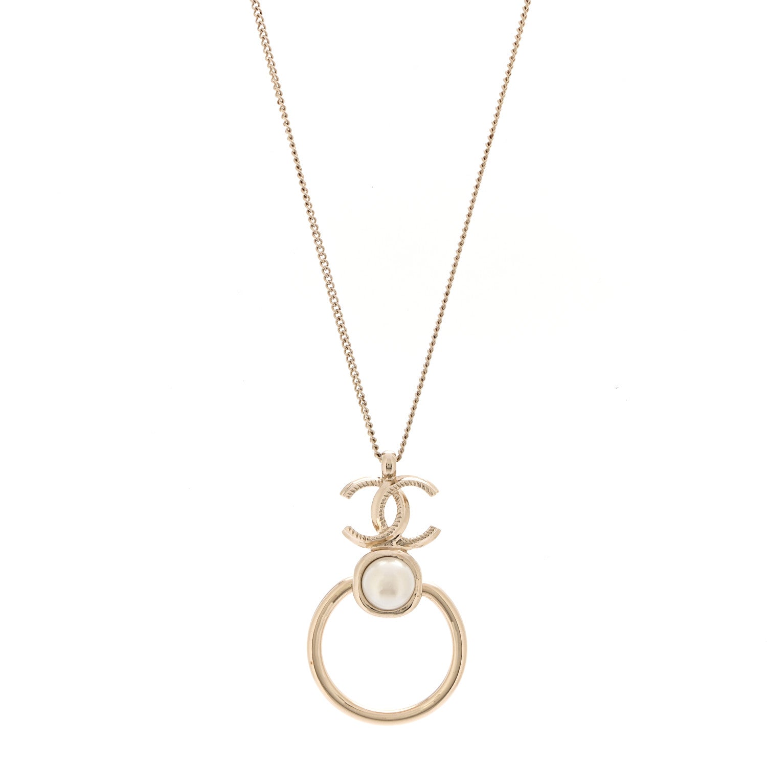 Chanel Metal Pearl CC Hoop Drop Pendant Necklace Gold 1 of 7