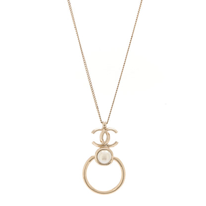 Chanel Metal Pearl CC Hoop Drop Pendant Necklace Gold 1 of 7