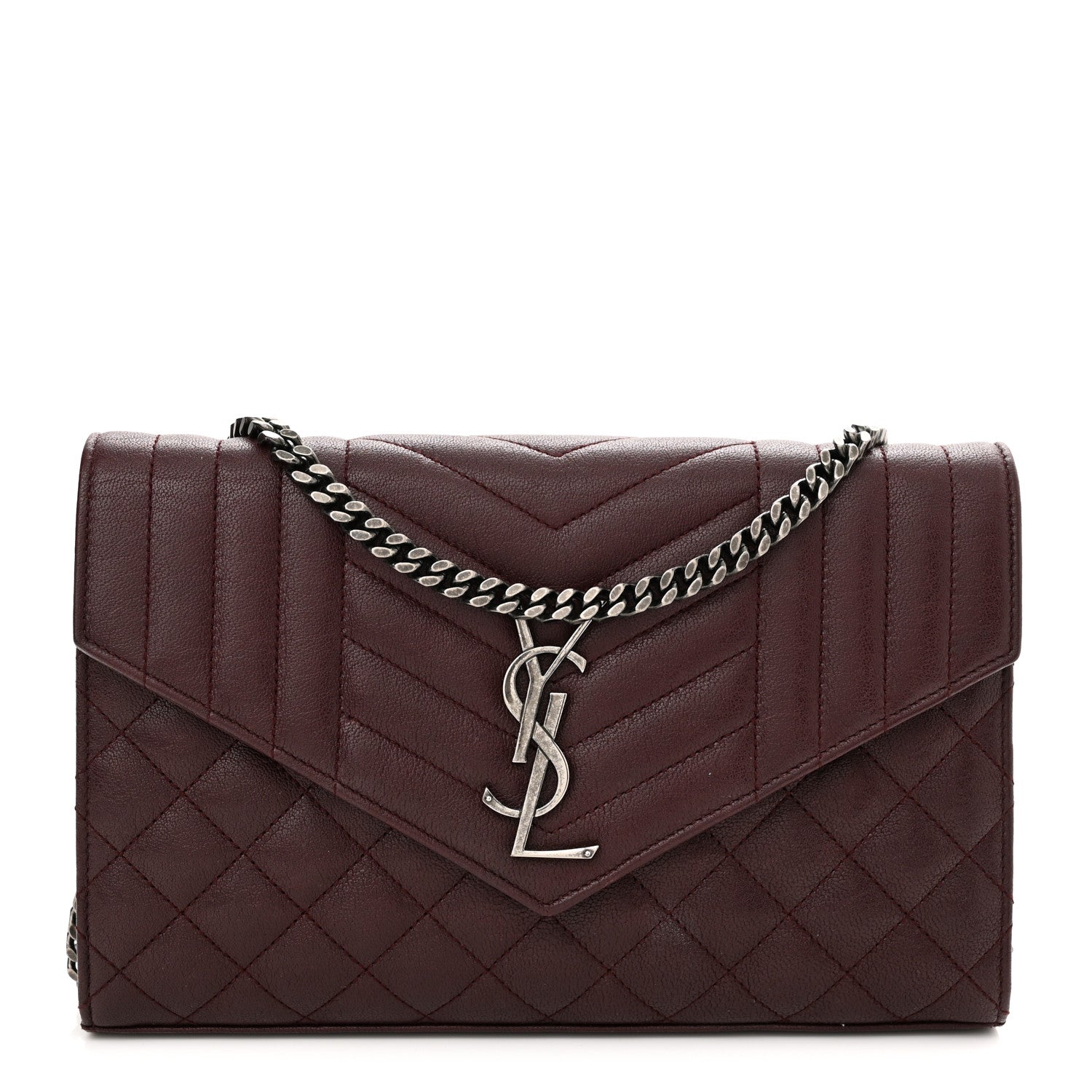 Saint Laurent Sheepskin Tri-Quilt Monogram Envelope Chain Wallet Burgundy 1 of 12