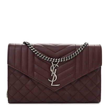Saint Laurent Sheepskin Tri-Quilt Monogram Envelope Chain Wallet Burgundy 1 of 12