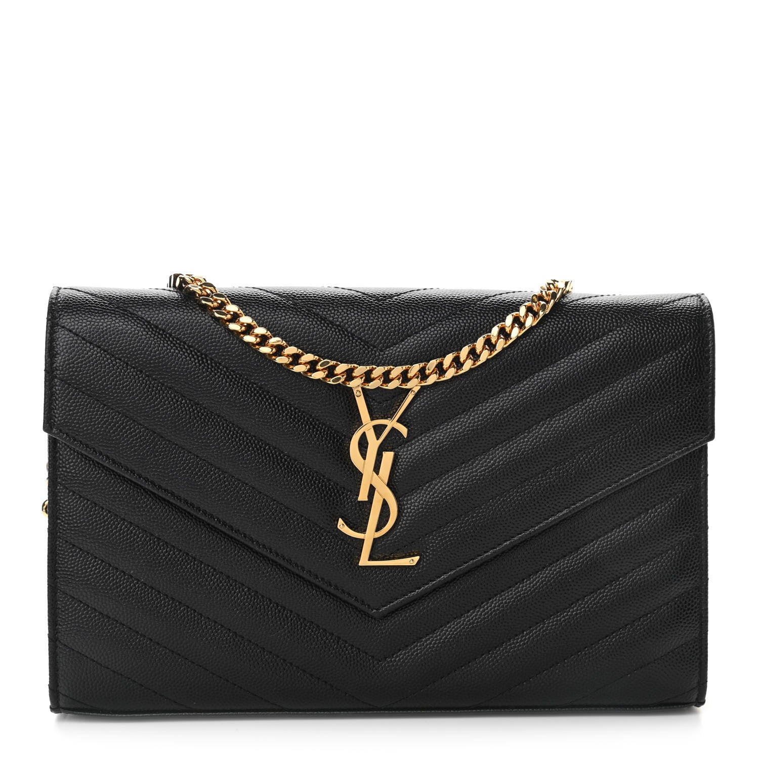 Saint Laurent Grain De Poudre Matelasse Chevron Monogram Chain Wallet Black 1 of 10