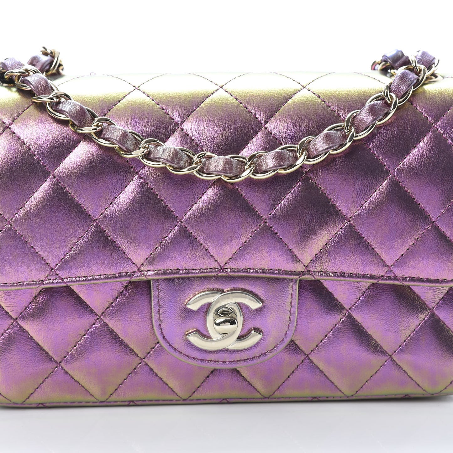 Iridescent Lambskin Quilted Mini Rectangular Flap Purple