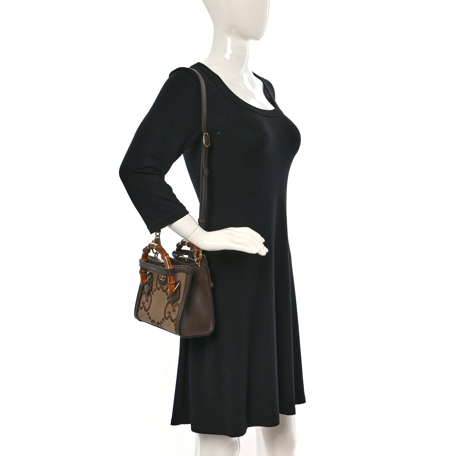 Gucci Monogram Jumbo GG Textured Dollar Calfskin Mini Diana Tote Bag Camel Ebony New Acero 2 of 10