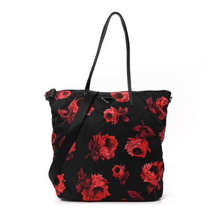 Prada Tessuto Nylon Saffiano Rose Print Tote Black Rosso 1 of 9