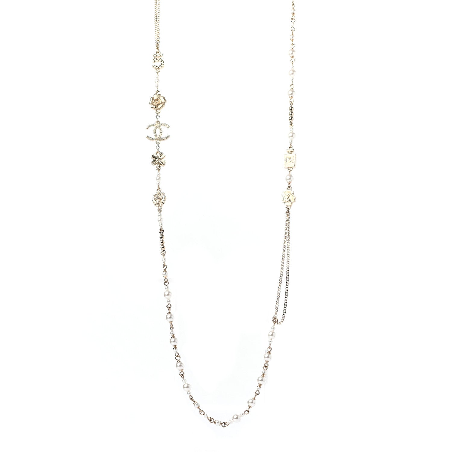 Chanel Crystal Pearl CC Camellia Long Necklace Gold 1 of 4