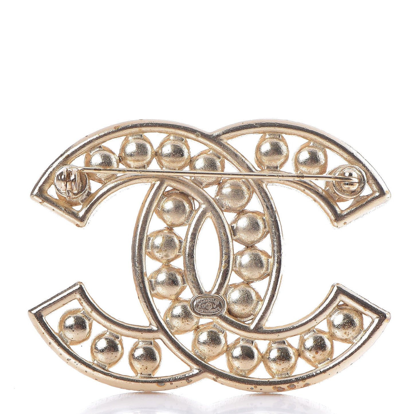 Pearl Baguette Crystal CC Brooch Gold