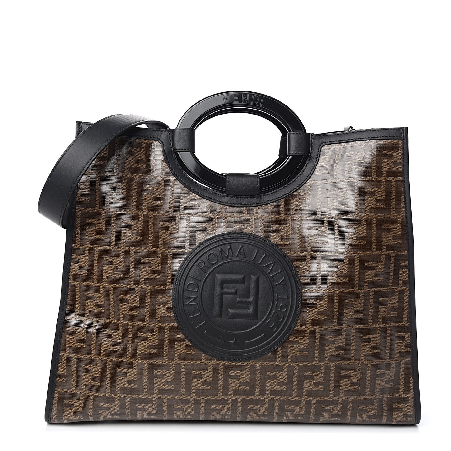Glazed Fabric Vitello Century Plexiglass FF 1974 Stamp Patch Medium Runaway Shopper Tote Mogano Panna Black