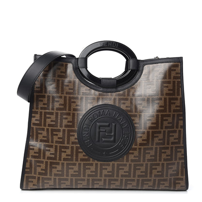 Fendi Glazed Fabric Vitello Century Plexiglass FF 1974 Stamp Patch Medium Runaway Shopper Tote Mogano Panna Black 1 of 9