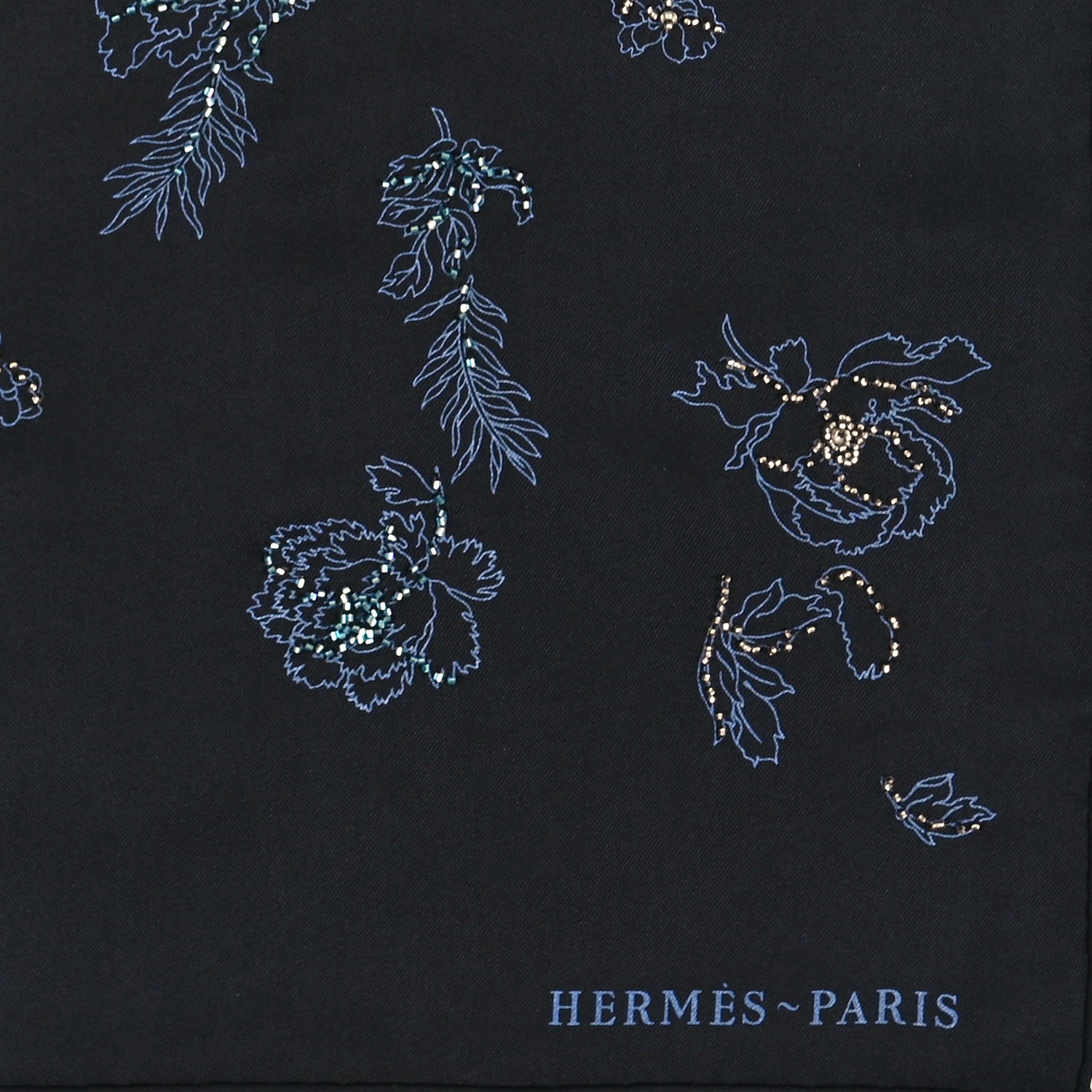 Hermes Silk Embroidered Robe Legere Scarf 90 Black Bleu 2 of 4