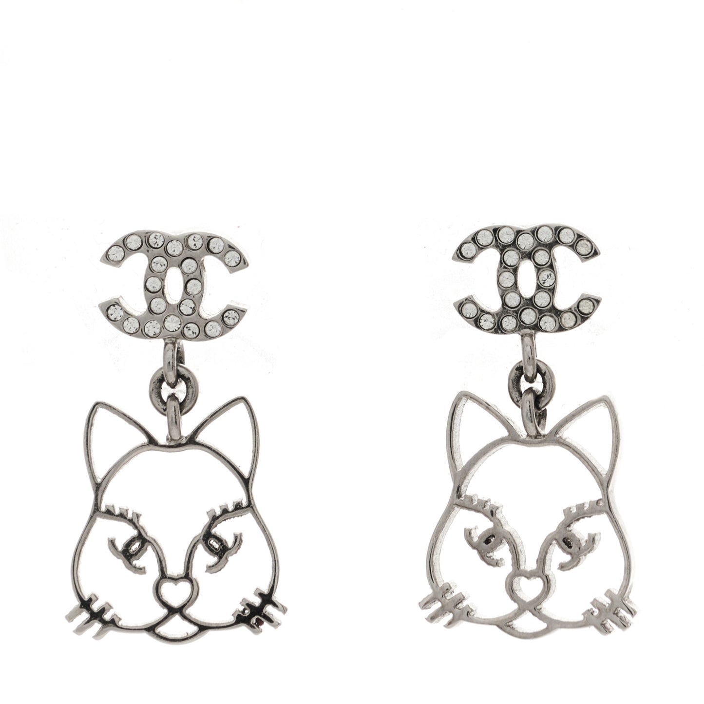 Crystal Emoji Choupette Cat CC Earrings Silver