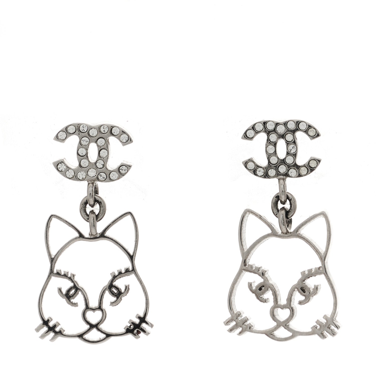 Chanel Crystal Emoji Choupette Cat CC Earrings Silver 1 of 4