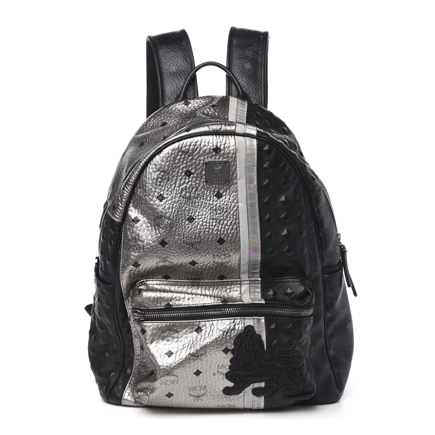 Metallic Visetos Calfskin Medium Studded Munich Lion Stark Backpack Silver Black