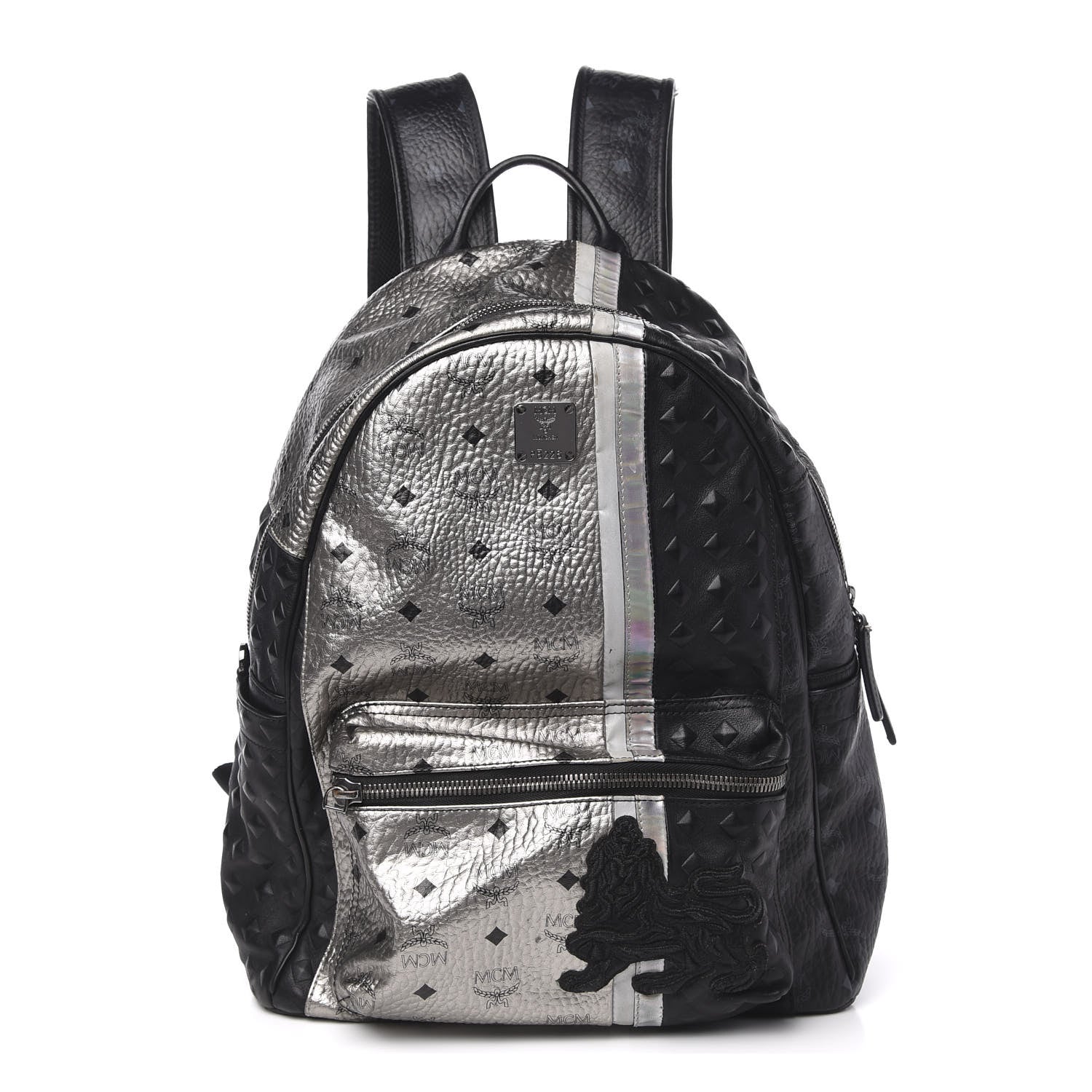 MCM Metallic Visetos Calfskin Medium Studded Munich Lion Stark Backpack Silver Black 1 of 9