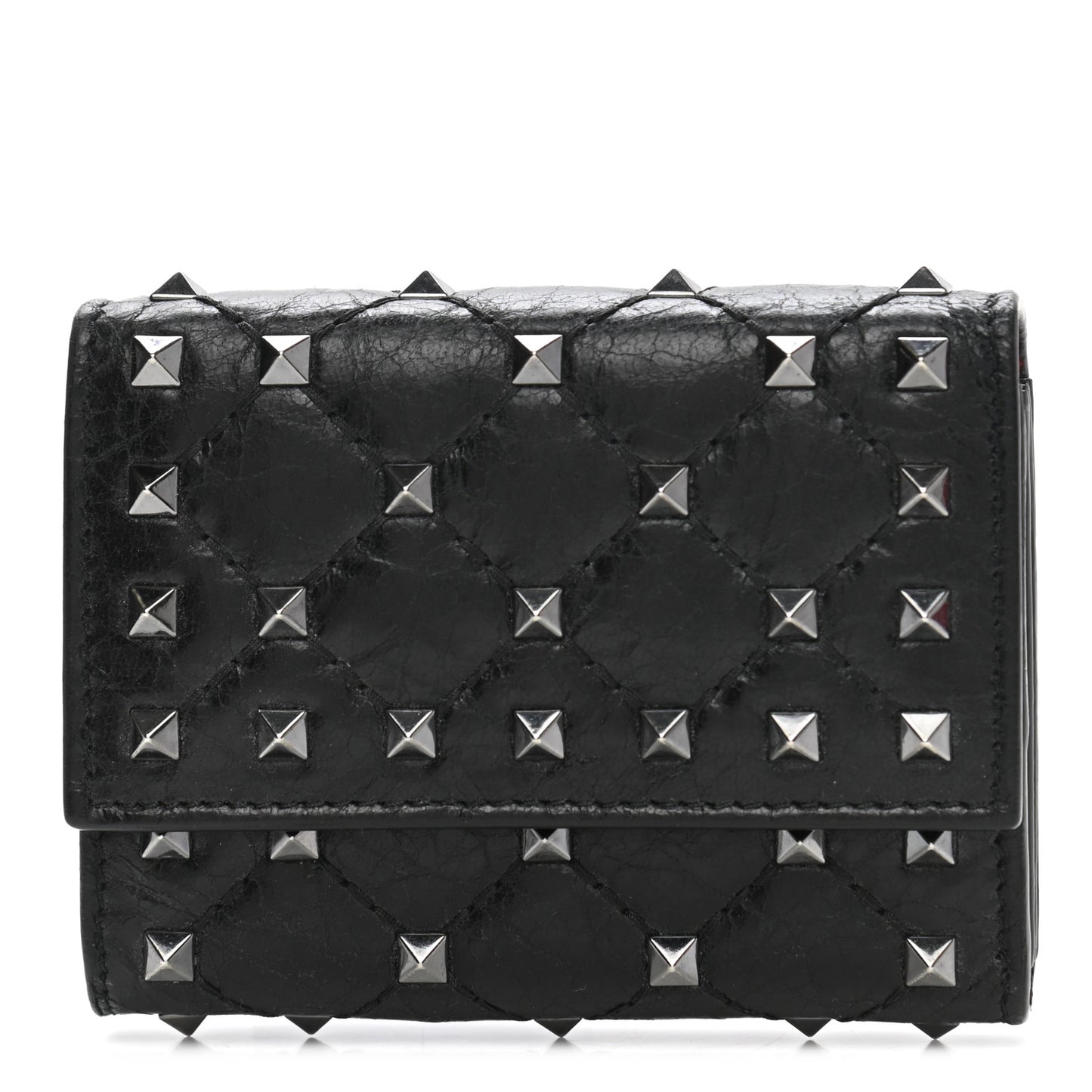 Craquele Nappa Rockstud Spike Bi-Fold Card Holder Black