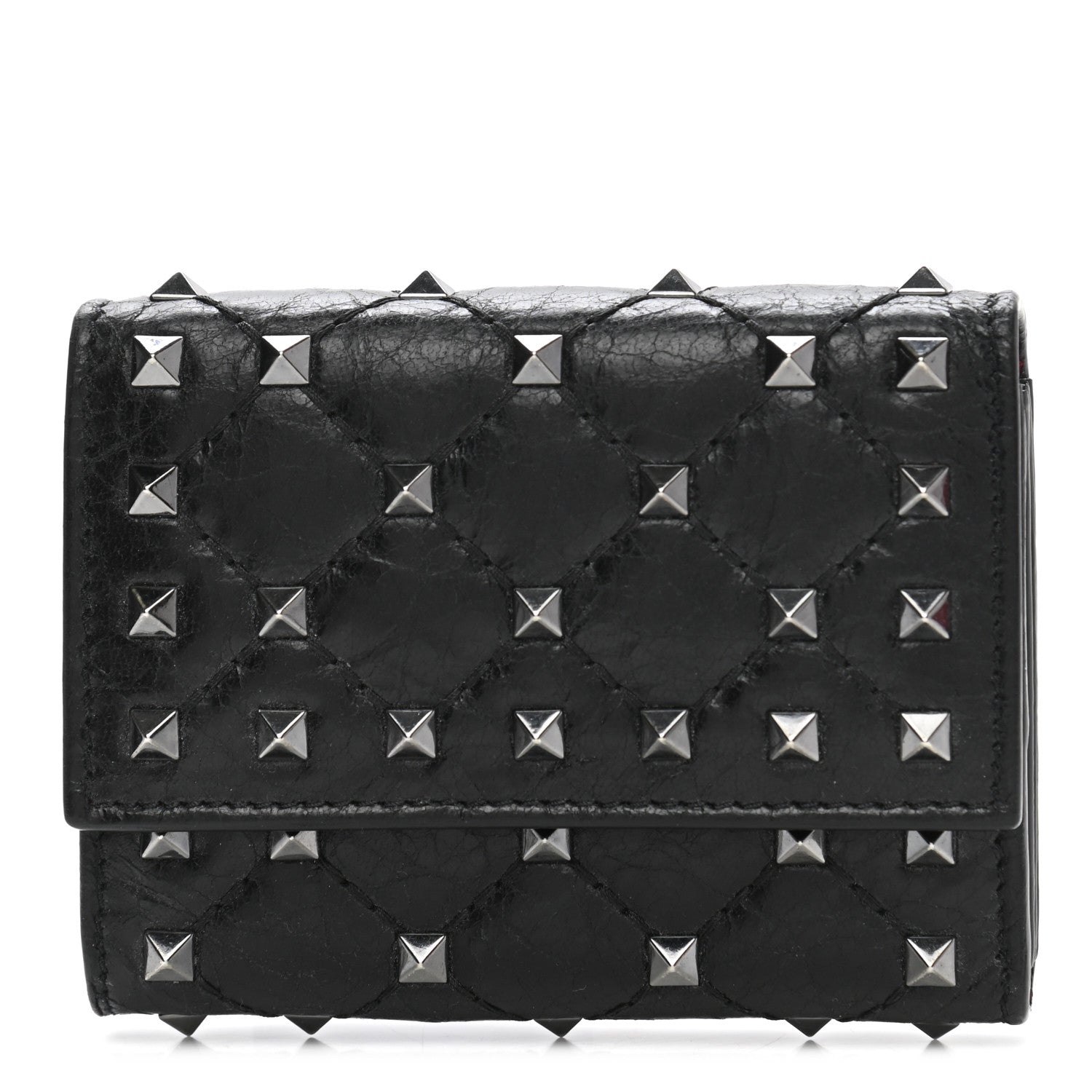 Valentino Garavani Craquele Nappa Rockstud Spike Bi-Fold Card Holder Black 1 of 8