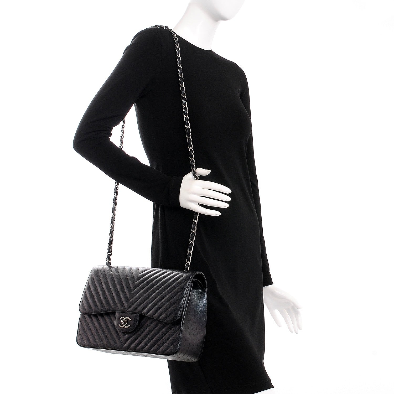 Chanel Metallic Caviar Chevron Quilted Jumbo Double Flap Black 2 of 9
