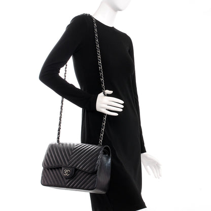 Chanel Metallic Caviar Chevron Quilted Jumbo Double Flap Black 2 of 9