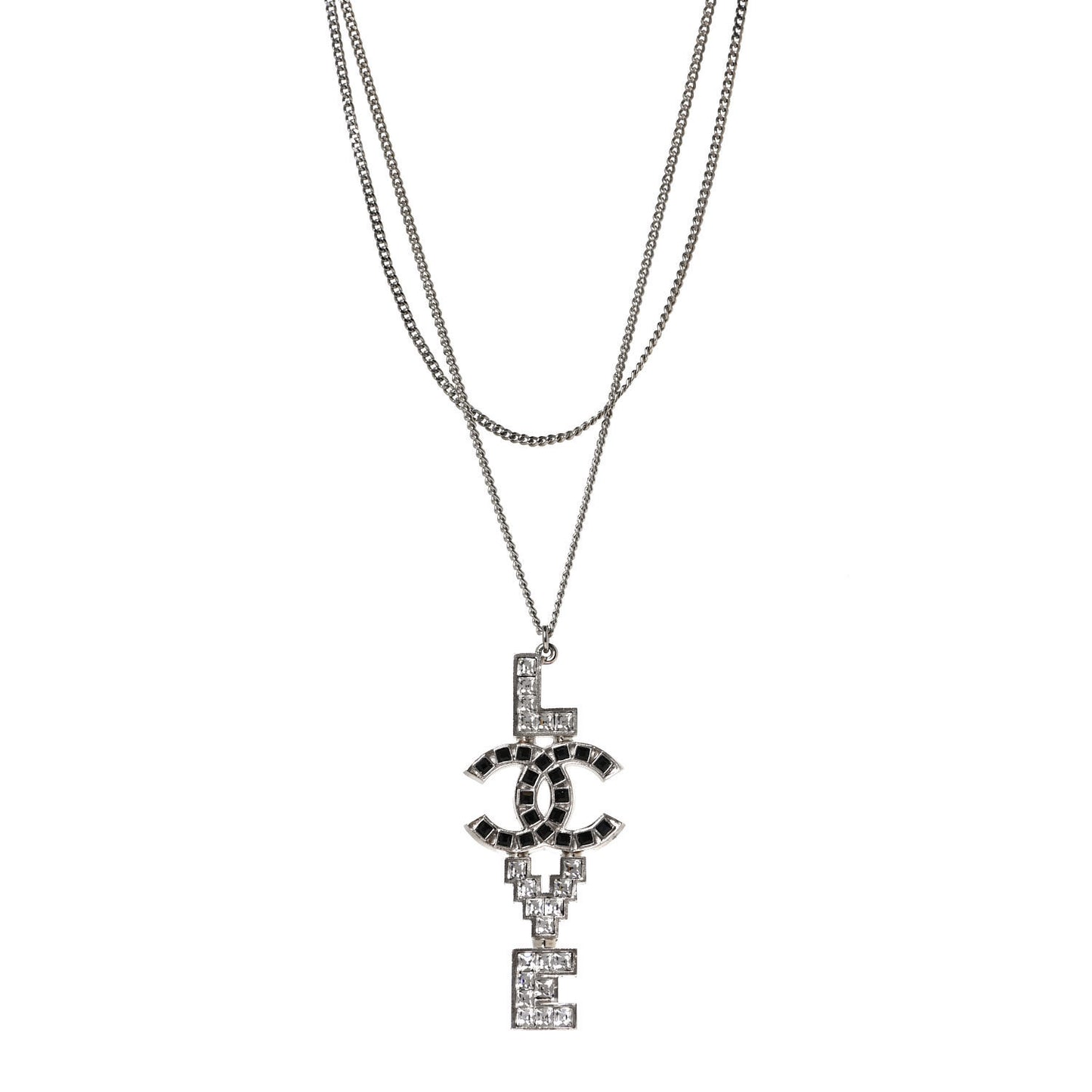 Baguette Crystal Coco Love CC Pendant Necklace Silver Black