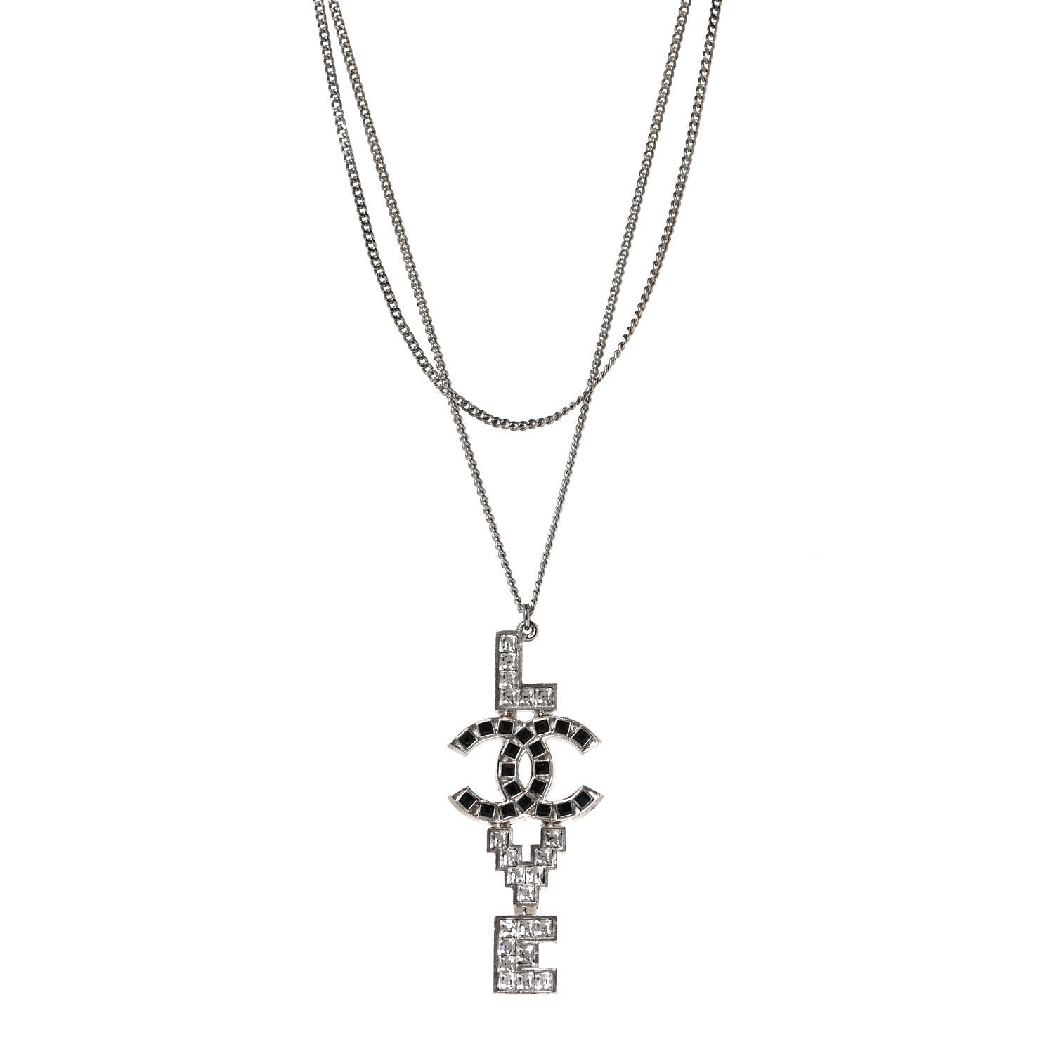 Chanel Baguette Crystal Coco Love CC Pendant Necklace Silver Black 1 of 7