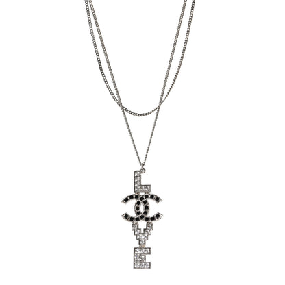 Chanel Baguette Crystal Coco Love CC Pendant Necklace Silver Black 1 of 7