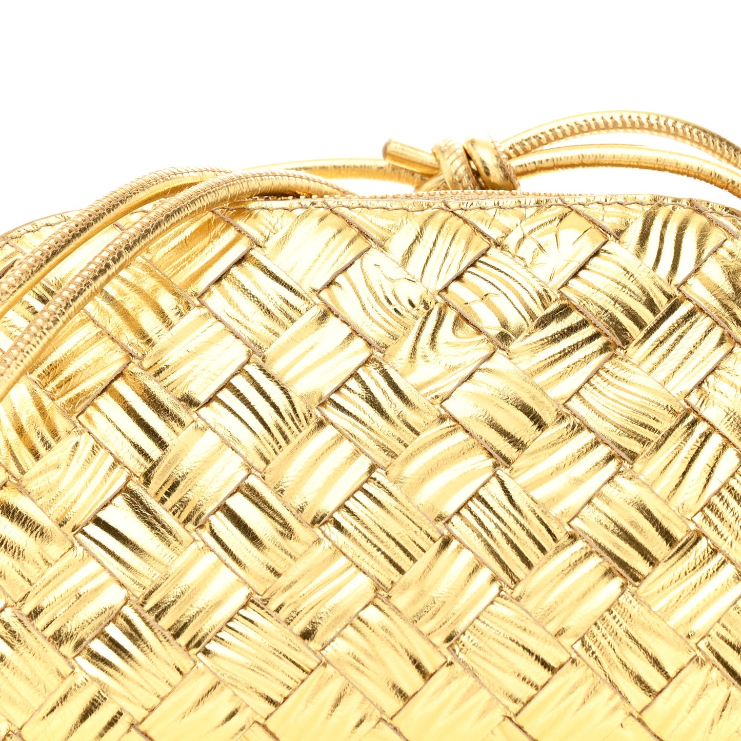 Laminated Calfskin Intrecciato Embossed Wood Effect Concert Pouch Gold