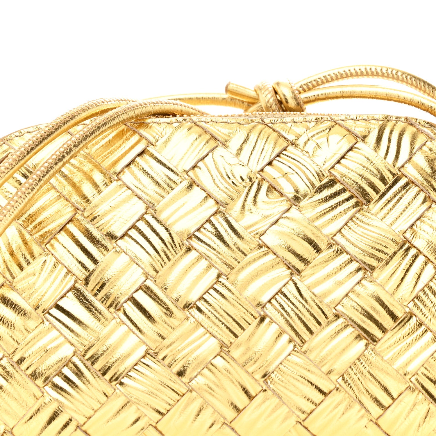 Bottega Veneta Laminated Calfskin Intrecciato Embossed Wood Effect Concert Pouch Gold 7 of 10