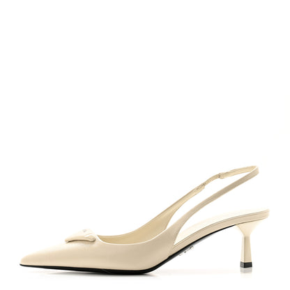 Prada Saffiano Patent Triangle Logo Pointed Toe 75mm Slingback Pumps 39 White 1 of 9