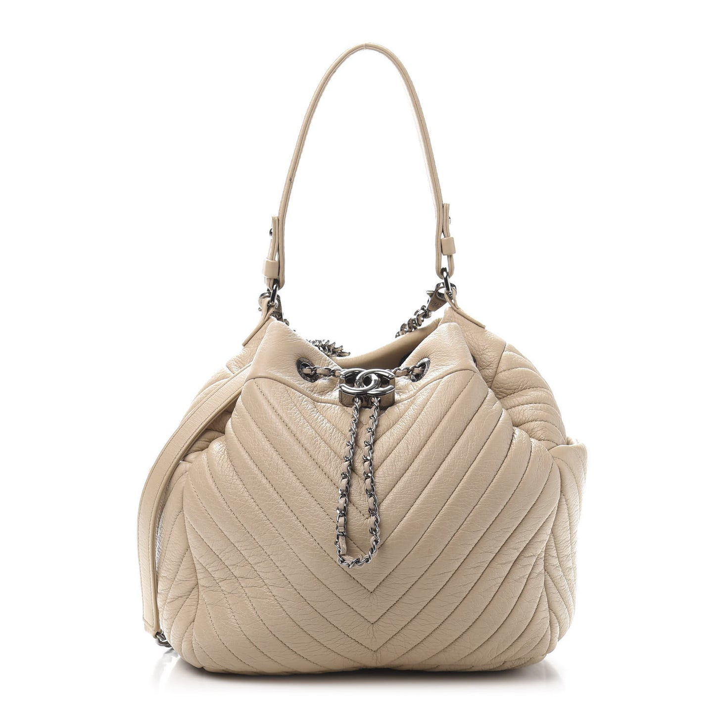 Deerskin Chevron Medium CC Chain Bucket Drawstring Bag Beige