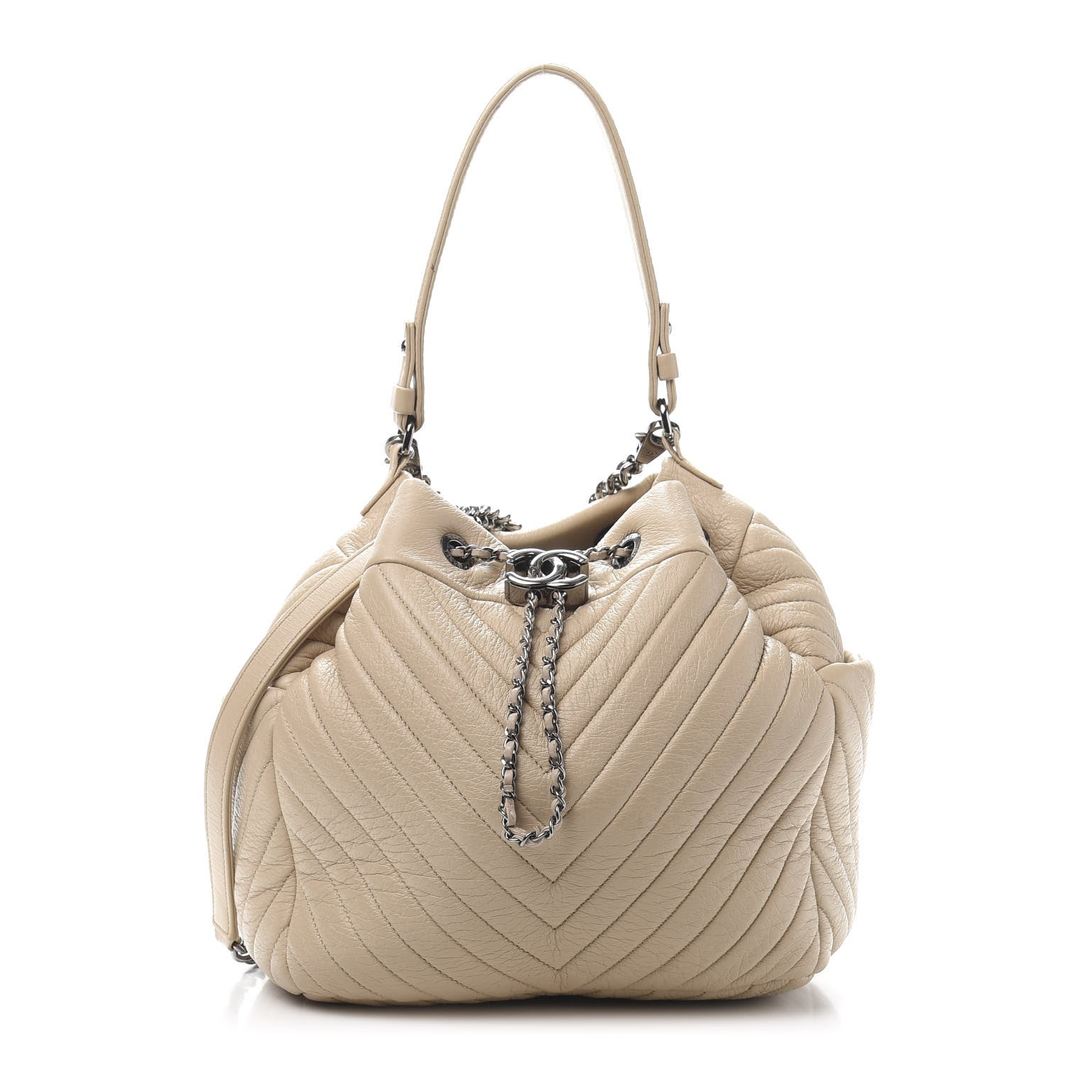 Chanel Deerskin Chevron Medium CC Chain Bucket Drawstring Bag Beige 1 of 14