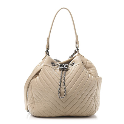 Chanel Deerskin Chevron Medium CC Chain Bucket Drawstring Bag Beige 1 of 14